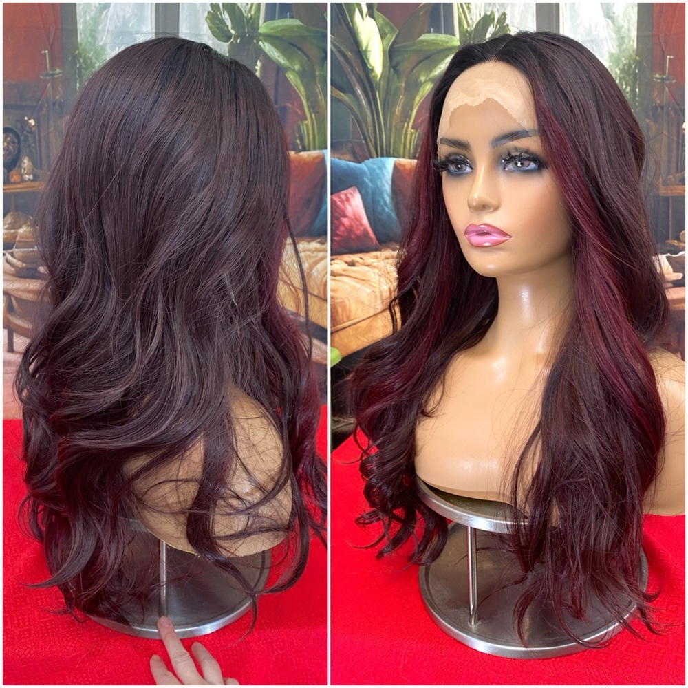 Long- Black with maroon highlight lace front wig